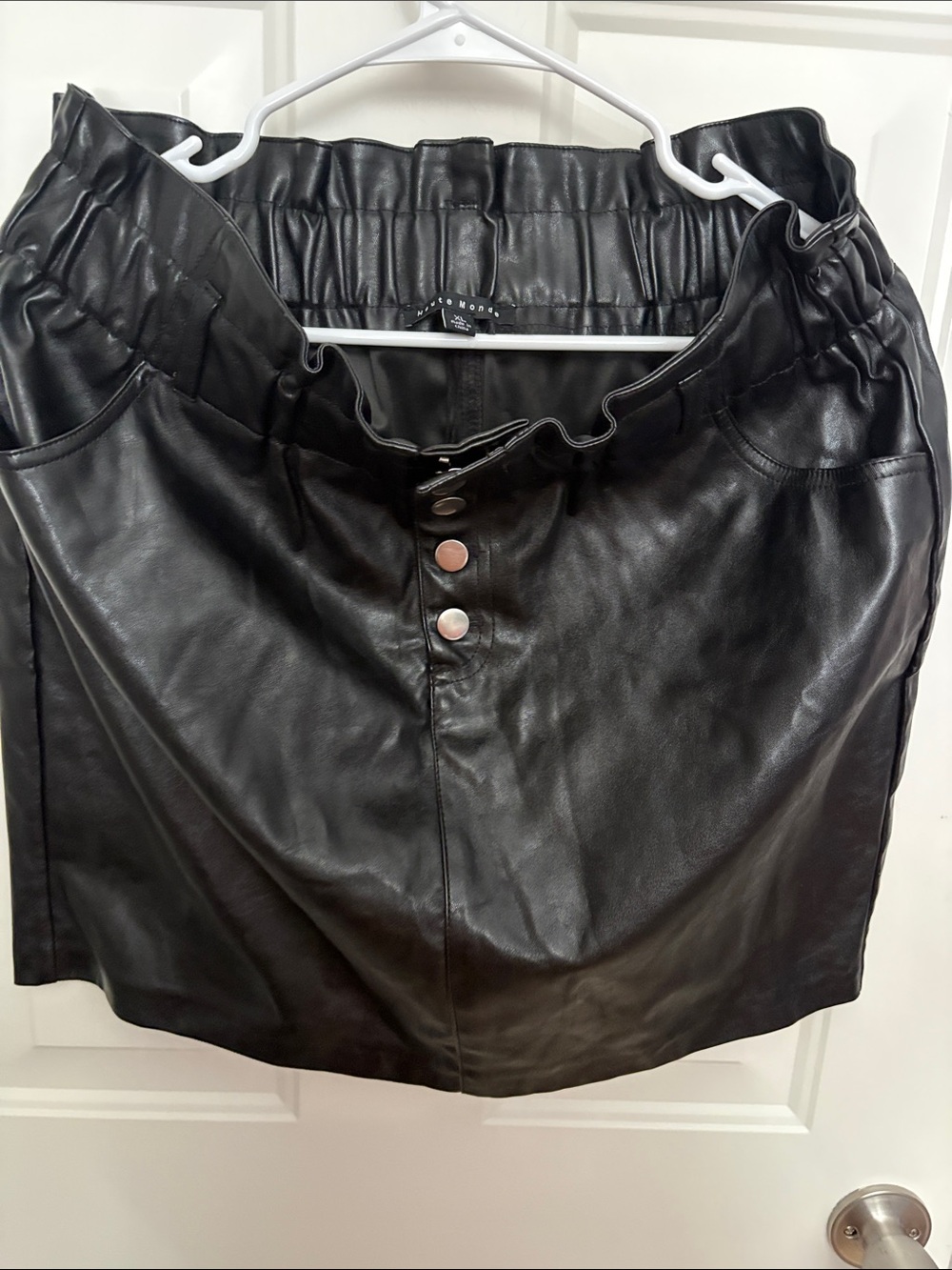 Haute Monde Black Faux Leather Paperbag Mini Skirt with Front Buttons